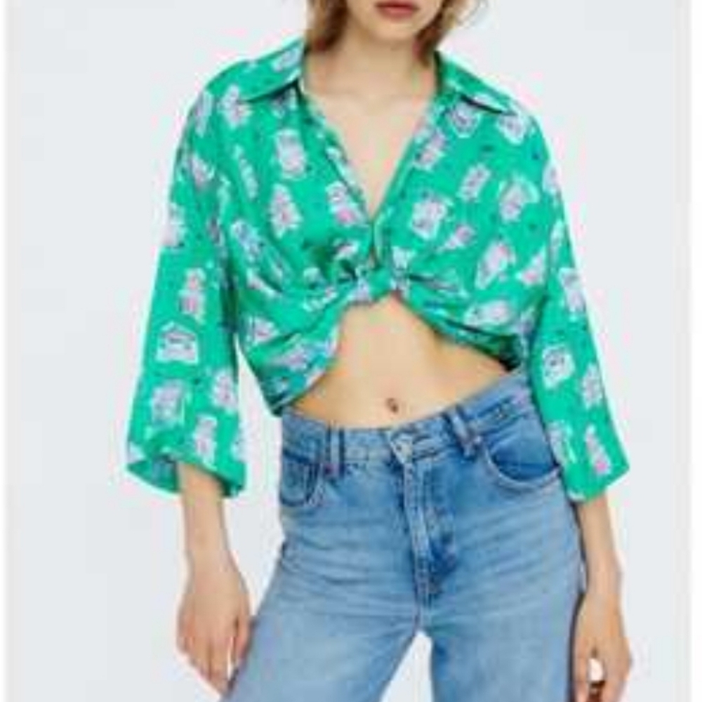 Zara Emerald Printed Tie-Front Top